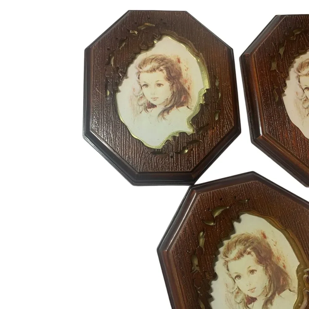Vintage Old Time Set of 3 Faux Wood Picture Frames Mid Century Gold Trim Ornate